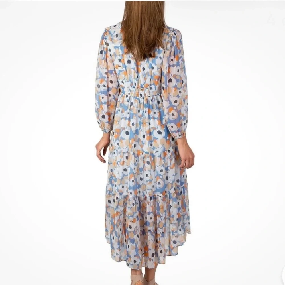 Joie Blue/Coral Floral Tiered Flowy Boho Prairie Dress W High-Low Hem Size XS - Picture 6 of 15